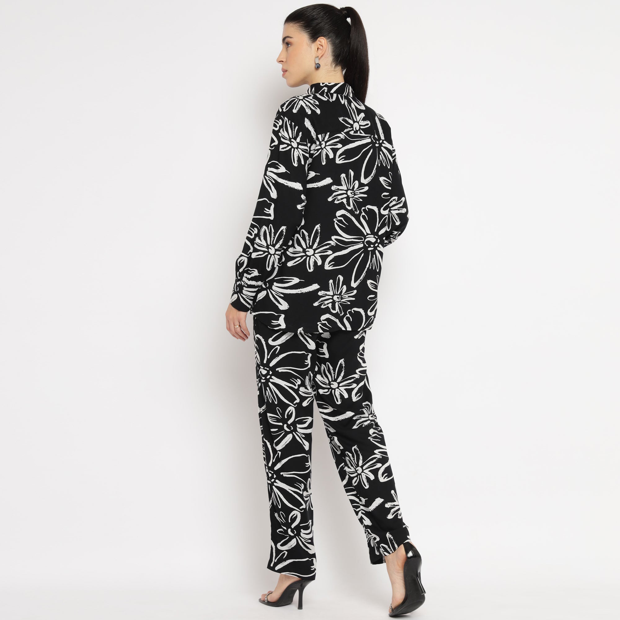 Black Oversized Floral Shirt and Straight Pants Co-ord Set